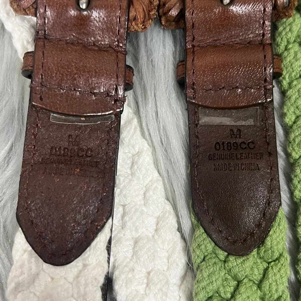 Boho Braided Green and White Brown Genuine Leather Buckle Belts Bundle of 2